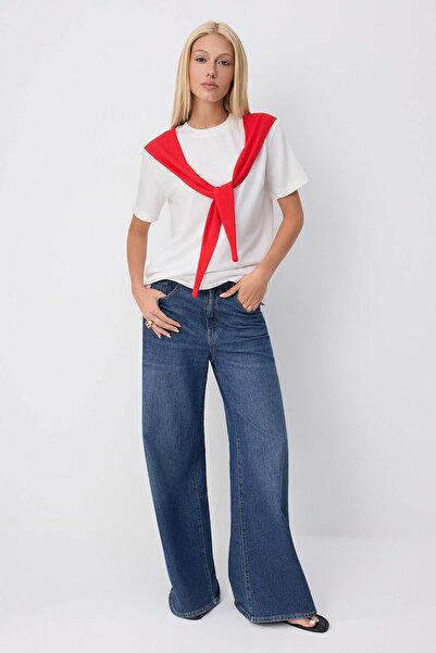 Trendyol Collection Ecru Plain Oversize Crew Neck T-Shirt with Tie Detail Lon...
