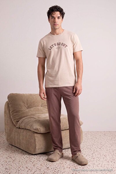 Trendyol Collection Beige Regular Slogan Printed Knitted Pajama Set Tmnaw27Pt...