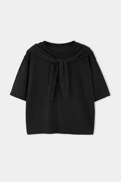 Trendyol Curve Tricou negru tricotat cu guler tip eșarfă și detaliu de legare...