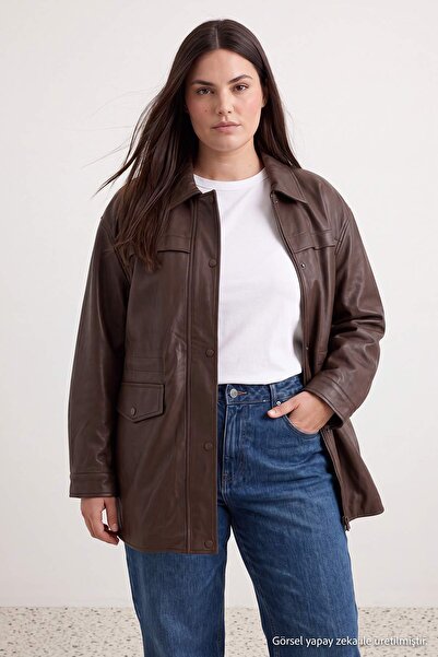 Trendyol Collection معطف طويل بني داكن مقاس كبير قصة فضفاضة TWOAW27BM00001