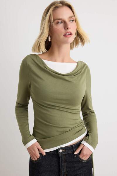 Trendyol Collection بلوزة محبوكة ناعمة بلون الكاكي مع ياقة ديجاجي TWOAW27BZ00030