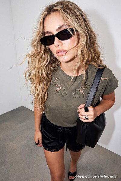 Drop by TrendyolMilla Khaki Crew Neck Front Embroidered Comfortable Fit Blous...