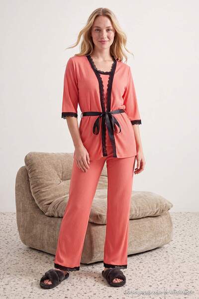 Trendyol Collection Salmon 3-Piece Lace Detailed Ribbed Knitted Pajama Set Th...