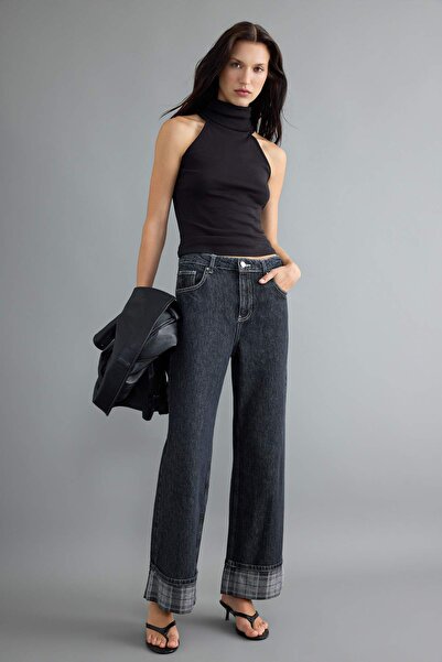 Trendyol Collection Anthracite 100% Cotton High Waist Wide Leg Jeans with Pla...