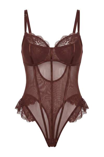 Trendyol Collection Brown Tulle Lace Detailed Covered Rope Strap Snap Fastene...