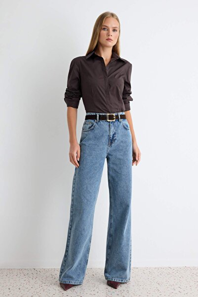 TRENDYOLMİLLA Mavi Kemerli Yüksek Bel Wide Leg Jeans TWOAW26JE00274