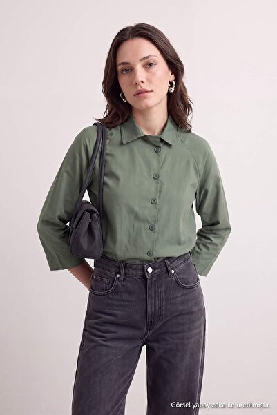 Trendyol Modest قميص بوبلين كاكي كبير الحجم TCTAW27TG00004