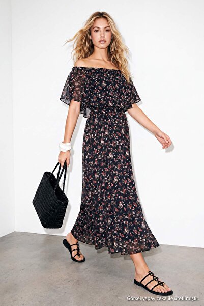 Drop by TrendyolMilla Black Floral Carmen Collar Elasticized Waist Lined Dres...