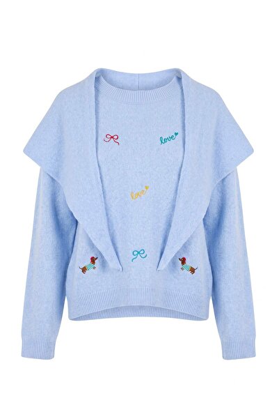 Trendyol Collection Light Blue Detachable Shawl Embroidered Oversize Soft Kni...