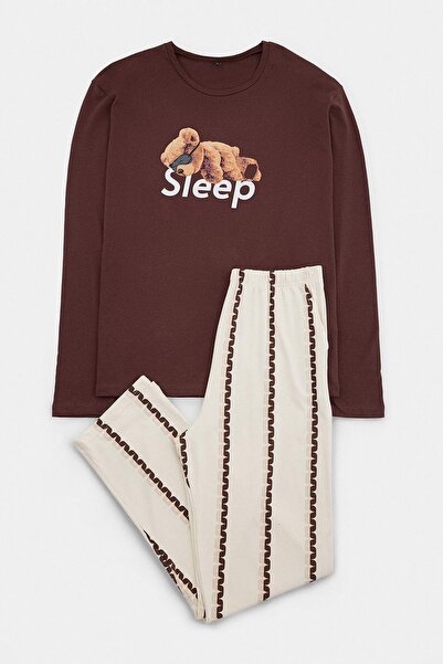 Trendyol Collection Brown Regular Printed Homewear Pajamas Set Tmnaw27Pt00009
