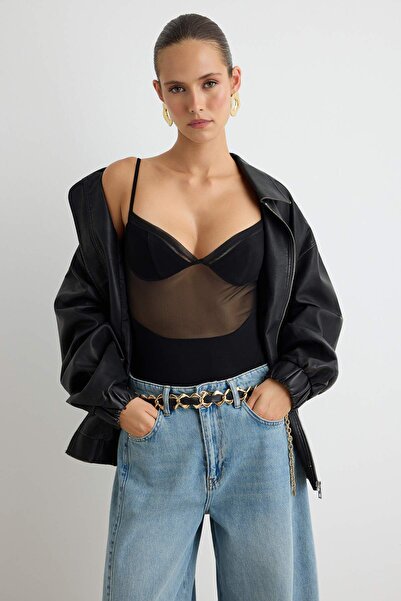 Trendyol Collection Black Strappy Sweetheart Neckline Knitted Tulle Bodysuit ...