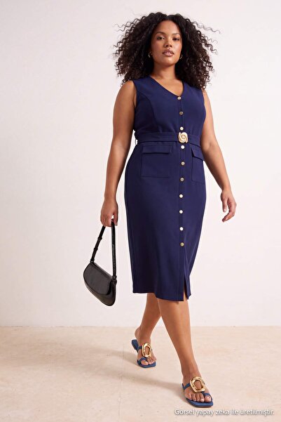 Trendyol Curve Rochie țesută albastru marin mărime mare TBBAW26AH00094