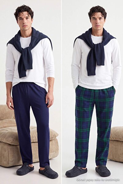Trendyol Collection Navy Blue Plaid and Plain 2-Pack Knitted Pajama Bottoms T...