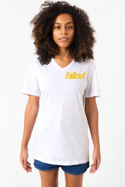 Tshirthane تيشيرت Fallout Lettern أبيض للنساء برقبة على شكل حرف V