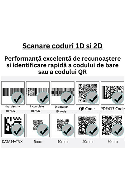 MOGODA Scanner de coduri de bare și QR 2D 1D Wireless Reîncărcabil prin USB Suport inclus Rază de acțiune 150m Negru