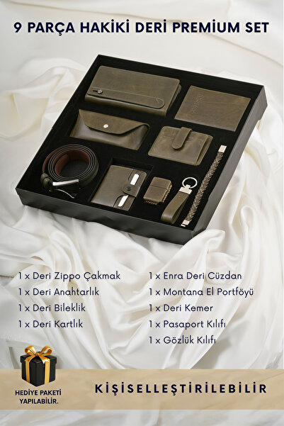 CüzCan 9 Parça Hakiki Deri Yeşil Premium Kişiye Özel Erkek Hediye Seti - Baba...