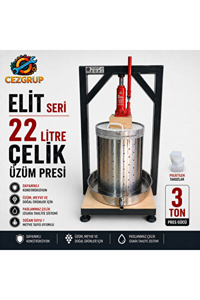 çezgrup Elit 22 Litre Üzüm Sıkma Presi | 304 Çelik Sepet & Izgara | Şarap Yap...