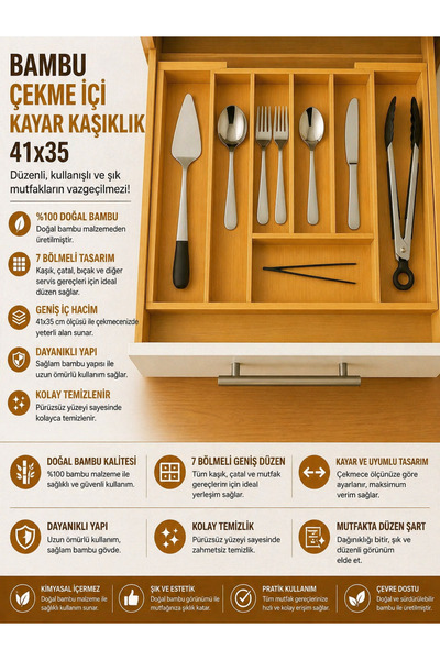 House Bird Bambu Çekme İçi Kayar Kaşıklık 41x35 - 7 Bölmeli Tasarım