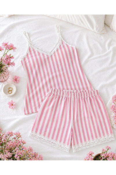 PAMUL Kadın Şortlu Pijama Takımı Pembe Çizgili - Dantel Detaylı Askılı Yazlık...