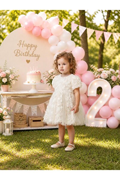 SweetMe Kız Çocuk Gül Detaylı Prenses Elbise + Gül Detaylı Toka