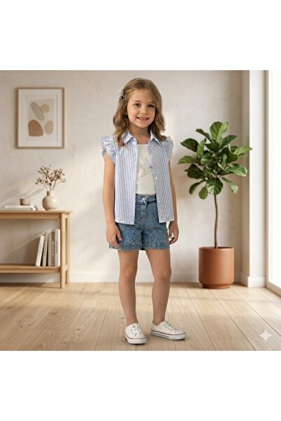 Erca Home Tekstil Ürünleri Striped Shirt and Triple Denim Shorts Summer Holid...