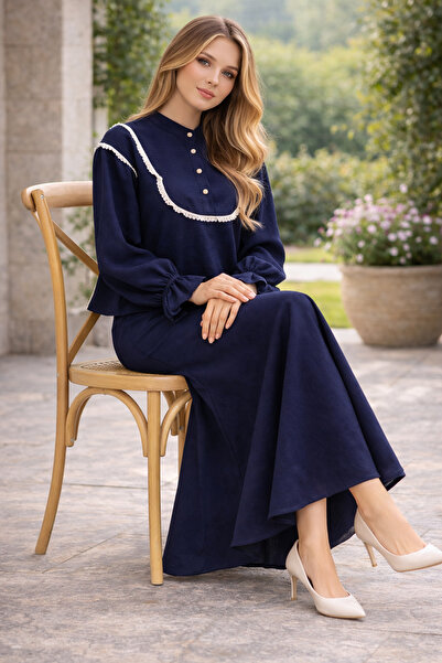 benguen 2078 Double Set with Knit Detail on the Collar Navy Blue