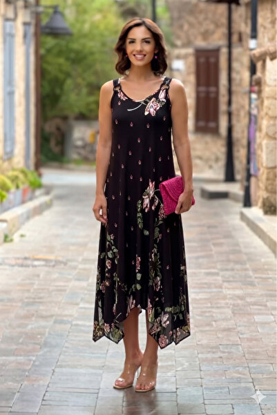 Nevin Kaya Moda TOKALI Βαμβακερό φόρεμα με μαύρο τριαντάφυλλο και τιράντες