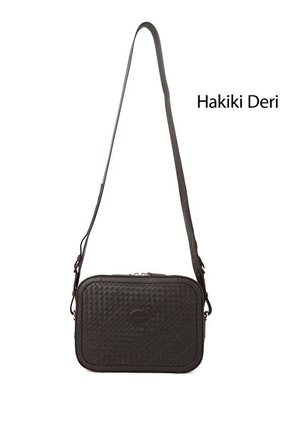 GÖNDERİ(R) Women's Brown Genuine Leather Straw Knit Long Strap Shoulder Bag