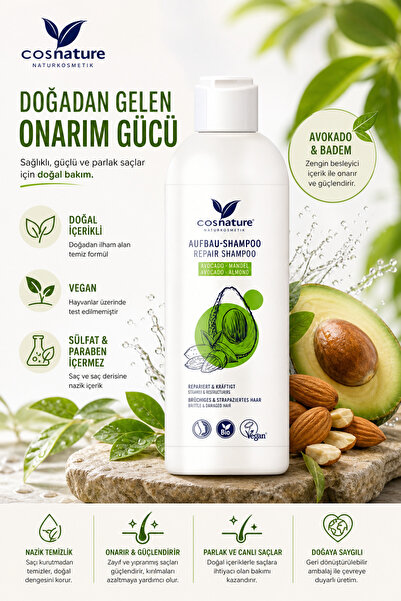 Cosnature Vegan Avokado Ve Badem Özlü Onarıcı Şampuan