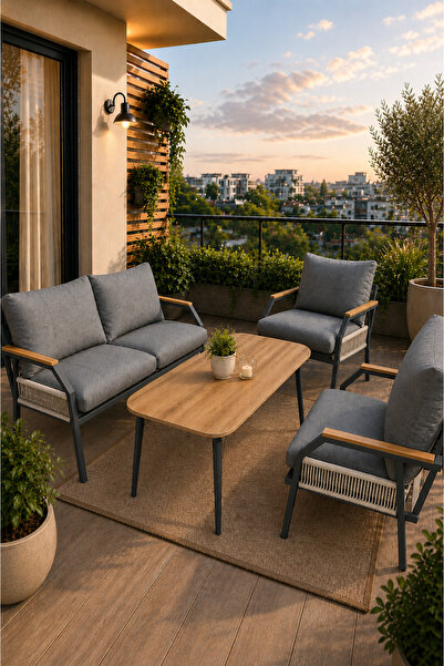 UFUK HOME Daisy Antrasit 211 Masalı Örgülü Gri Fermuarlı Bahçe Balkon Takımı,...