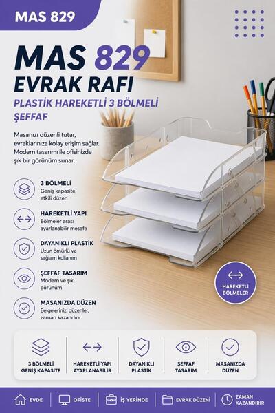 Mas 829 Evrak Rafı Plastik Hareketli 3 Bölmeli - Şeffaf