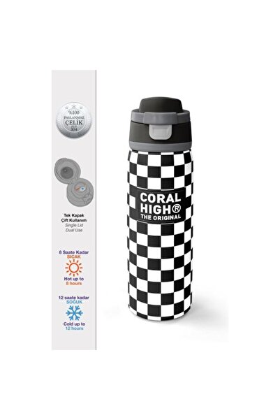 Coral High Black and White Checkered Patterned Steel Thermos with Straw and D...