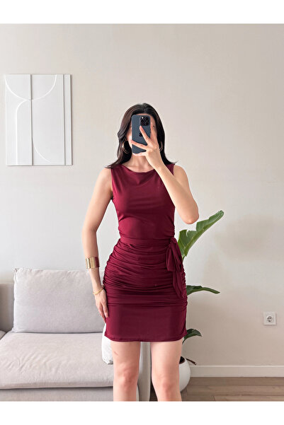 Zoom Butik Kuşaklı Sandy Elbise - BORDO