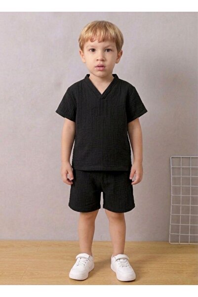 Boys Black 100% Cotton Muslin Fabric Collar Detailed T-Shirt-Shorts All Top Set