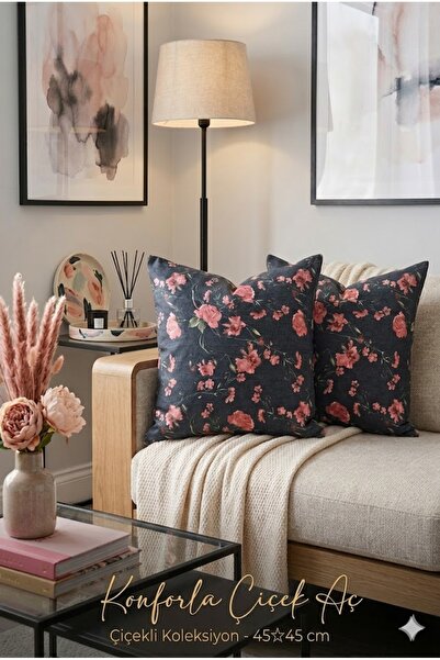 KIRLENT TEKSTİL Botanika Series Indigo Rose Decorative Throw Pillow 45X 45 cm