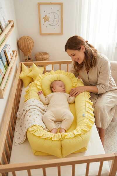 Umaybebek Babynest, Bebek Uyku Yatağı 0-2 Yaş - %100 Pamuk - Sarı Fırfırlı