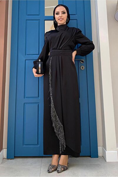 TRENDTESETTÜR KADIN SİYAH PÜSKÜL DETAYLI SATEN ABİYE ELBİSE T 3689