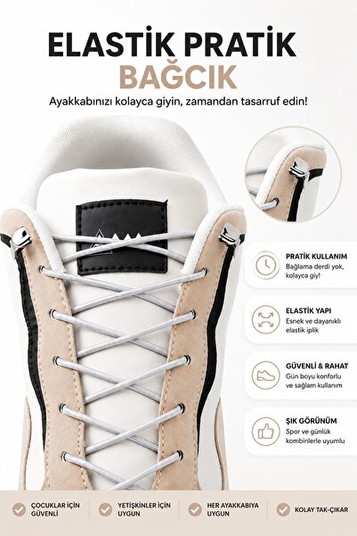 AiryFooT Yuvarlak Lastikli Klipsli Spor Ayakkabı Bağcığı 100 cm ( Beyaz ) 1 Çift