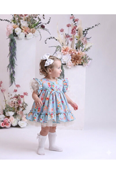 Momercy Kız Bebek Mavi Elbise Çiçek Baskılı Sırt Lale Detaylı 2li Takım