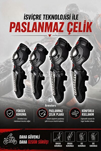 ArMotors Paslanmaz Çelik Motosiklet Dizlik Dirseklik Seti 4'lü Tam Koruma