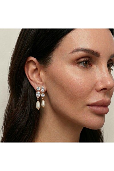 GlassySKY (ذهبي) أقراط فستان سهرة فاخرة أنيقة مرصعة بالزركون واللؤلؤ