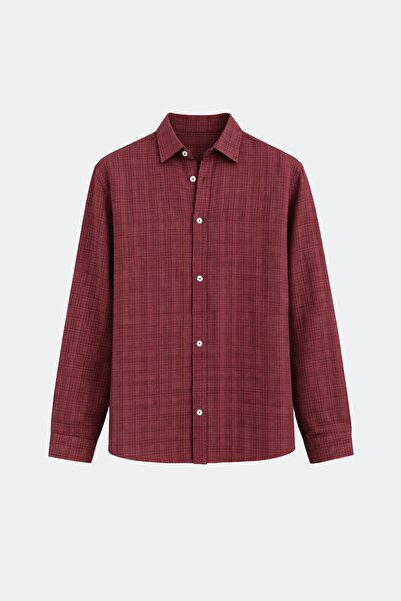 VAMOSCLO Dokulu Keten Görünümlü Oversize Gömlek Bordo