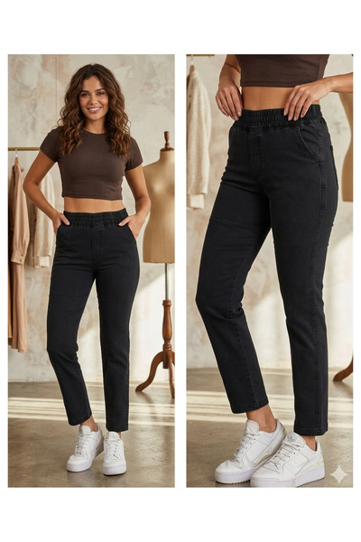 Kadın Kot Pantolon Beli Lastikli Yüksek Bel Likralı Büyük-Küçük Beden Jeans