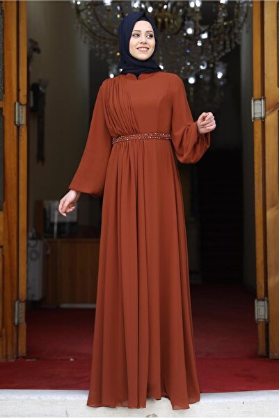 TRENDTESETTÜR KADIN KAHVE (KİREMİT) DRAPE DETAYLI ABİYE ELBİSE T 0053