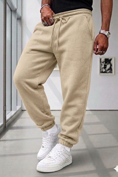 NO 601 BEI Pantaloni de trening Jogger cu talie înaltă, fleece gros, 3 fire