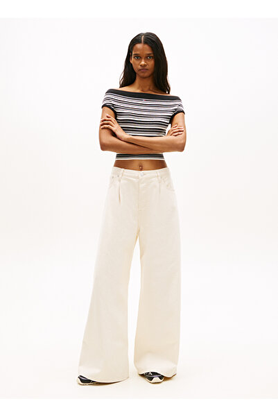 Tommy Jeans Siyah Kadın Kayık Çizgili Kazak TJW OFF SHOULDER STRIPE SWEATER