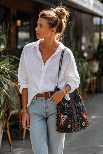 Boutique Juji BOHEM STİL CEPLİ TASARIM EL İŞÇİLİĞİ DENİM KOT OMUZ ÇANTASI