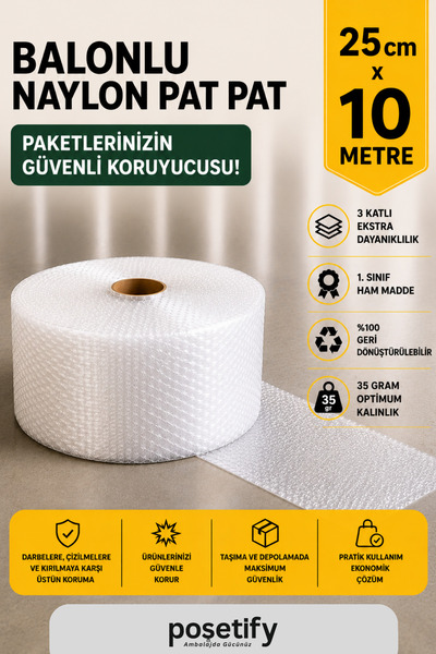 POŞETİFY 25 cm x 10 m Balonlu Naylon Patpat | 1. sınıf | 3 Katlı | 2,5 m2 | 3...