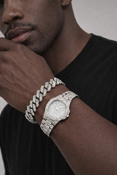 laria jewelry Taşlı Iced Out Erkek Saat Ve Küba Bileklik Seti