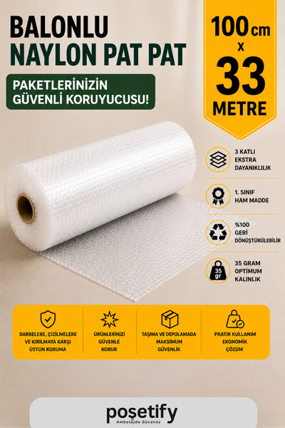 POŞETİFY 100 cm x 33 m Balonlu Naylon Patpat | 1.Sınıf | 3 Katlı | 33 m2 | 35...